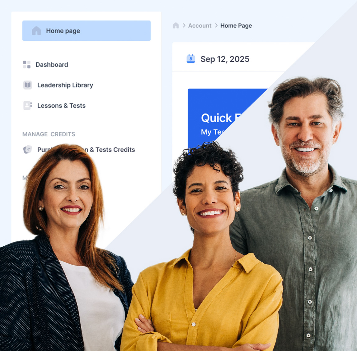 Tant+Image-Dashboard Talent+ hero graphic showing the platform’s dashboard menu on the left and three smiling business professionals (two women, one man) standing confidently in front, highlighting the combination of intuitive tech and human leadership.
