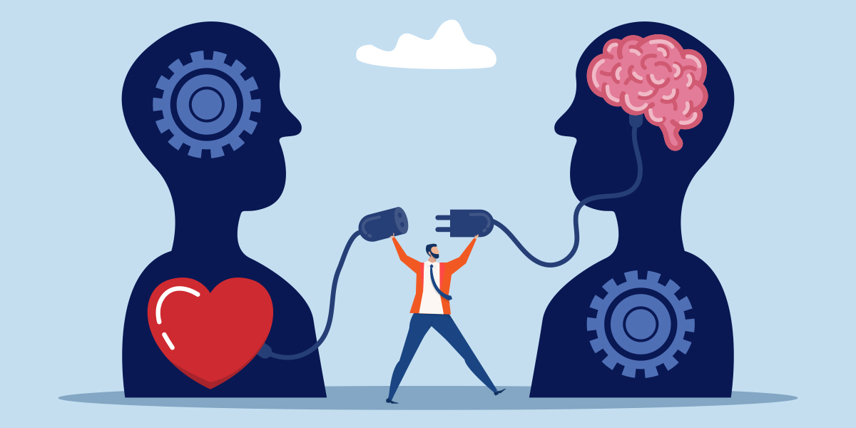 Illustration of a person connecting two large human figures, one with a heart and gears, the other with a brain and gears, symbolising empathy and the connection between emotion and intellect.
