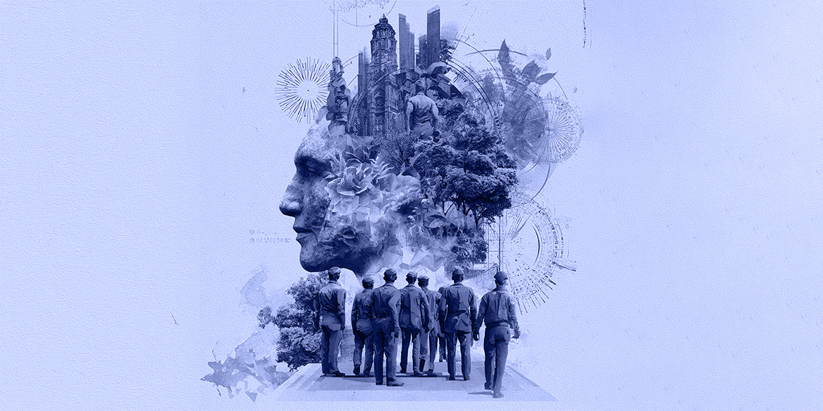 Monochrome blue double-exposure artwork showing a woman’s side profile filled with architecture, trees, flowers and circular diagram lines, with a group of people walking ahead below.