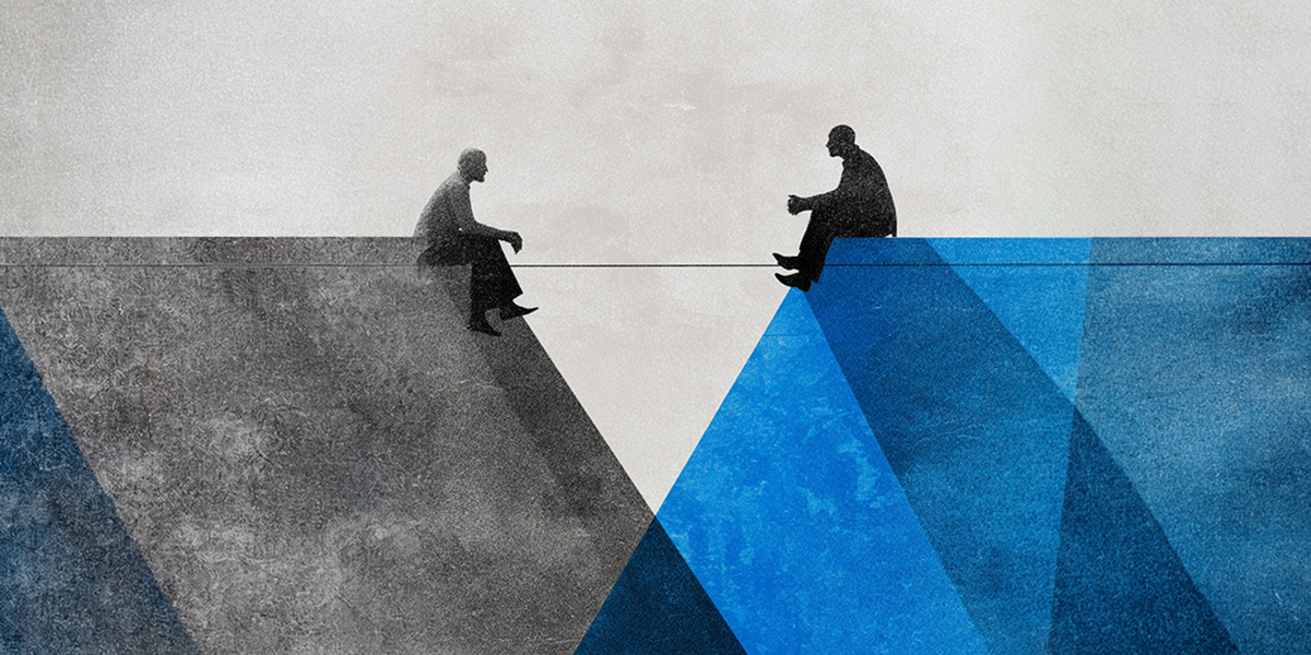 Stylised illustration of two seated figures facing each other across a narrow gap, connected by a thin line, with layered geometric shapes in grey and bright blue suggesting tension, dialogue, and connection.