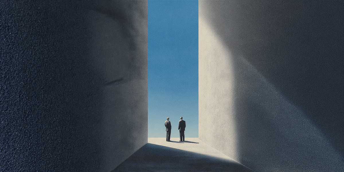 Two professional figures stand within a narrow architectural passage framed by tall textured walls, with visible tension and distance between them. One figure faces slightly toward the other, suggesting a moment of honest challenge or difficult feedback. Ahead, the passage opens into light, space, and calm blue sky, symbolising clarity, progress, and growth.
