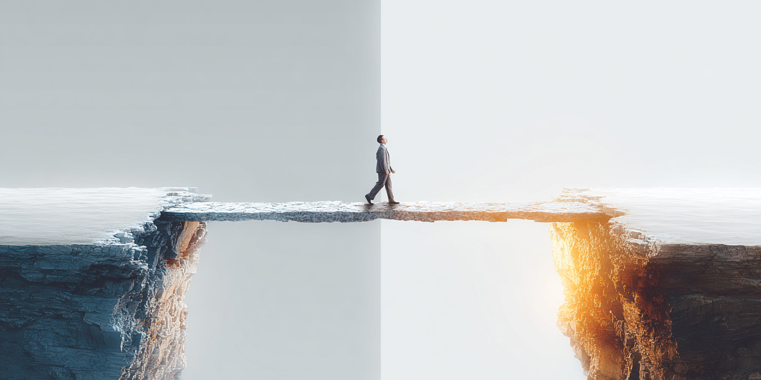 Stylised illustration of two seated figures facing each other across a narrow gap, connected by a thin line, with layered geometric shapes in grey and bright blue suggesting tension, dialogue, and connection.